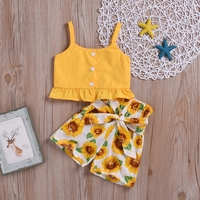 2pcs Baby Girl 95% Cotton Spaghetti Strap Button Up Ruffle Top and Sunflower Print Shorts Set