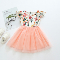 Baby / Toddler Girl Floral Print Mesh Splice Flutter-sleeve Dress