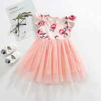 Baby / Toddler Girl Floral Print Solid Mesh Flutter-sleeve Dress