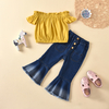 Baby / Toddler Summer Solid Flounced Collar Top and Denim Bellbottom Pants Set