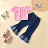 Baby / Toddler Summer Solid Flounced Collar Top and Denim Bellbottom Pants Set