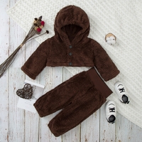 Baby 2pcs Brown Fuzzy Fleece Long-sleeve Hooded Crop Outwear and Trousers Set
