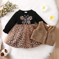 Baby 2pcs Butterfly Leopard Long-sleeve Mesh Splice Dress and Fuzzy Fleece Vest Set