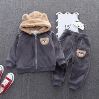 Baby 2pcs Cartoon Bear 3D Ears Fleece Long-sleeve Hooded Coat and Trouser Set