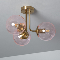 Edit Amatler Flush 3 Light Ceiling Light with Pink Glass Shades - Brass