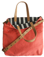 Mero Tote with Leather Handles - Coral/Black White Stripe