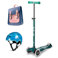 Micro Eco Maxi Deluxe Scooter & Helmet - Green with Navy & Pink Satchel